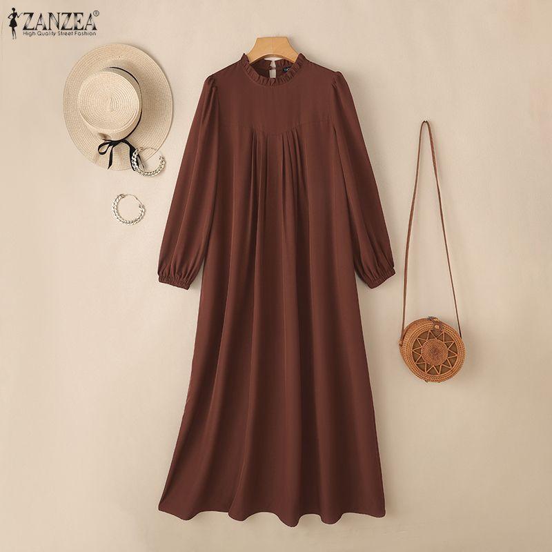 ZANZEA Women Round Neck Loose Long Sleeve Muslim Casual Long Dress