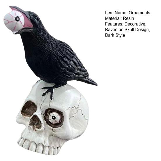 Yousheng Raven on Skull Halloween Home Decor, Gothic Crow on Skull Statue, Bird Perching on Skeleton Figurine, Macabre Ossuary