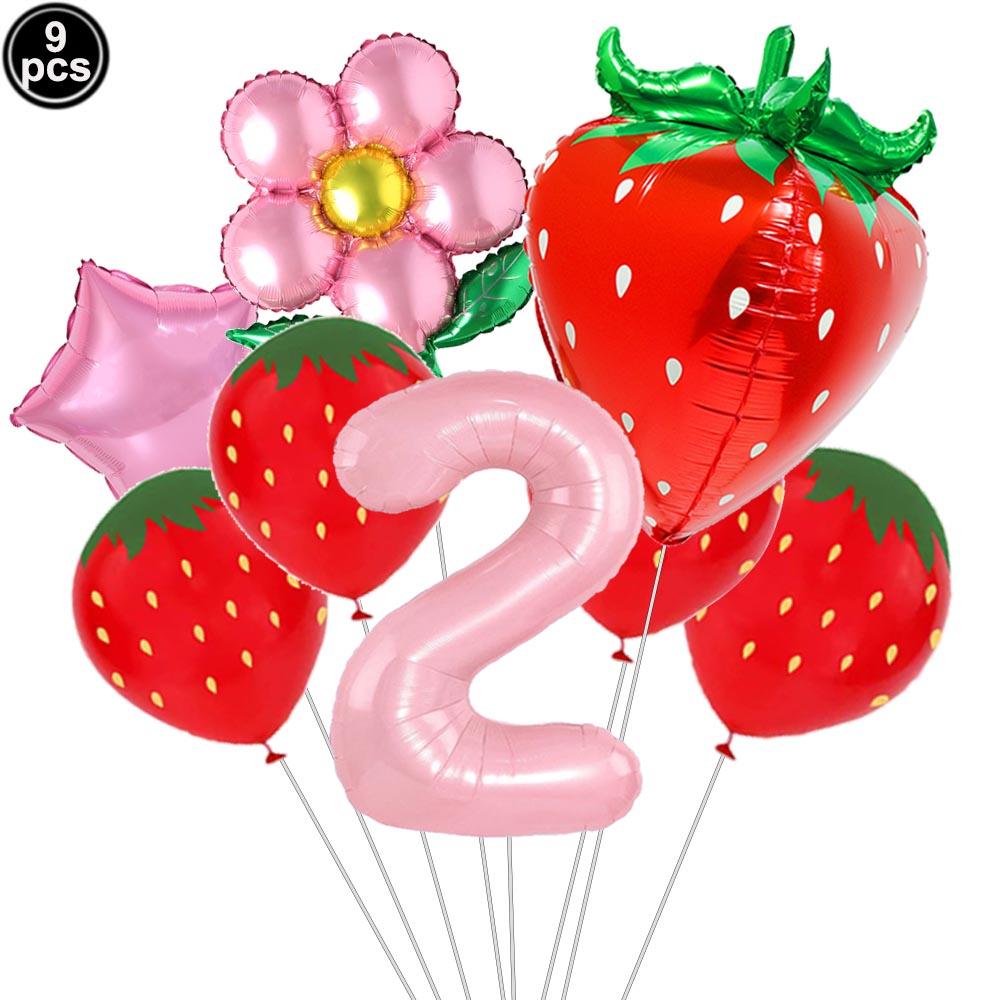 9pcs Strawberry Balloons Kits Birthday Decorations for Girls 32inch 0-9 Number Balloons for Strawberry Birthday Party Decors