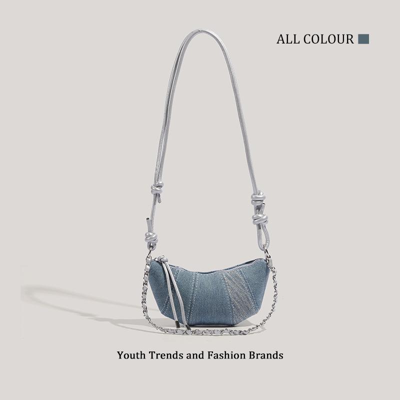 

Женская маленькая сумка из денима, высококлассная сумка-багет на цепочке, простая и модная текстурная универсальная сумка через плечо синий