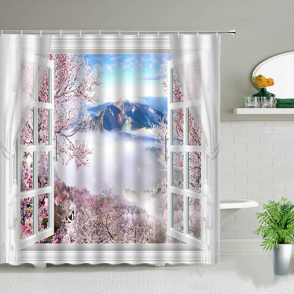Forest Landscape Shower Curtains Green Tropical Plant Palm Tree Flower Leaves Garden Natural Scenery Bathroom Decor Bath Curtain
