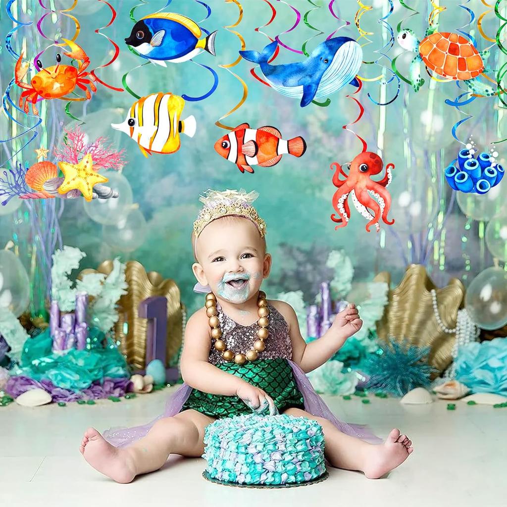 54 st Undervattensfestdekorationer Takhängande virvlar Havsfestdekorationer Havsdjur Fiskar Temafesttillbehör Babyshower Sjöjungfru