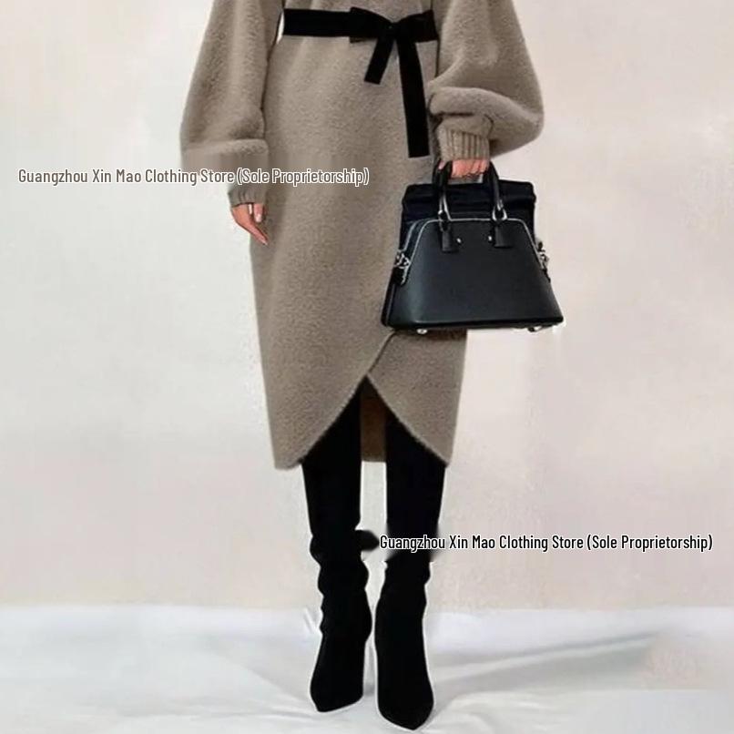 Korean Style High Collar Mid-Length Cashmere Knit Loose Wool Dress for Women