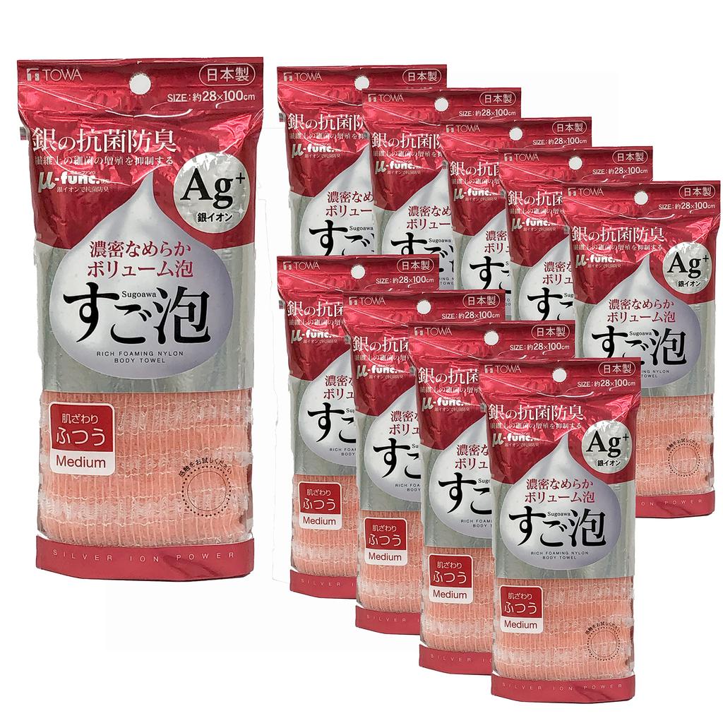 Towa Sangyo Super Foam Silver Antibacterial Nylon Body Regular 28 X 100 Set of 10 Towels, Size, Pink, Approx. Cm,