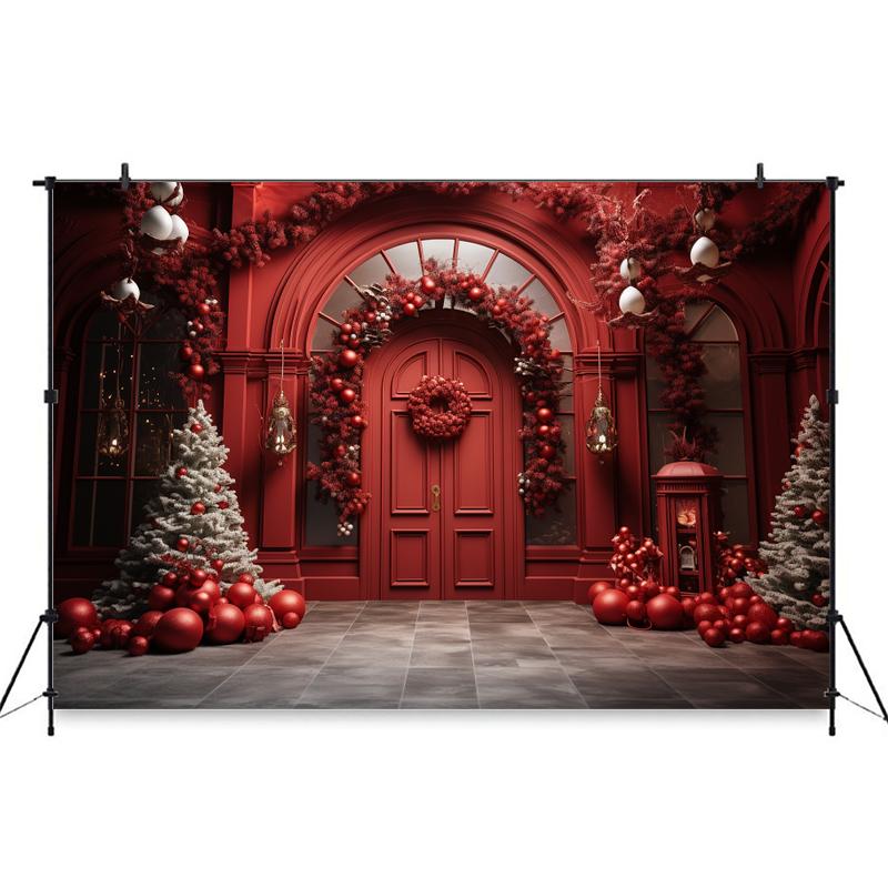 Mocsicka Christmas Red Door Background For Photography Xmas Tree Adult Kids Children Backdrop Banner Decoration Studio Photozone