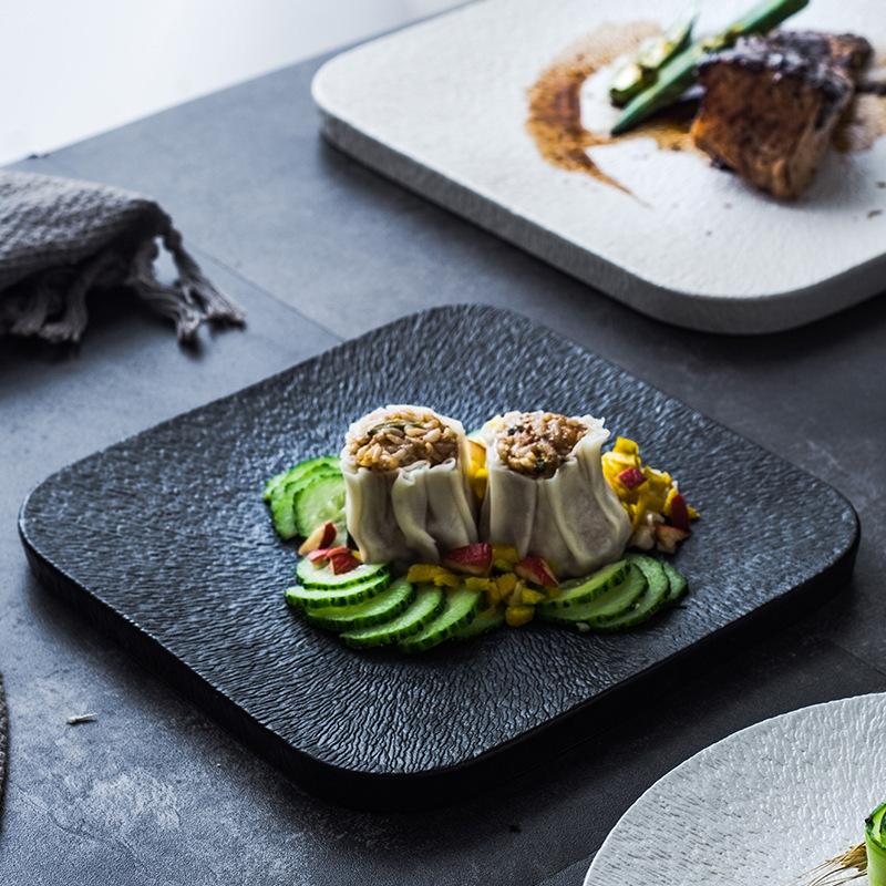 Japanese Frosted Stone Pattern Ceramic Flat Plate High-End Square Plate Steak Plate Home Western Plate Restaurant Dessert Tray