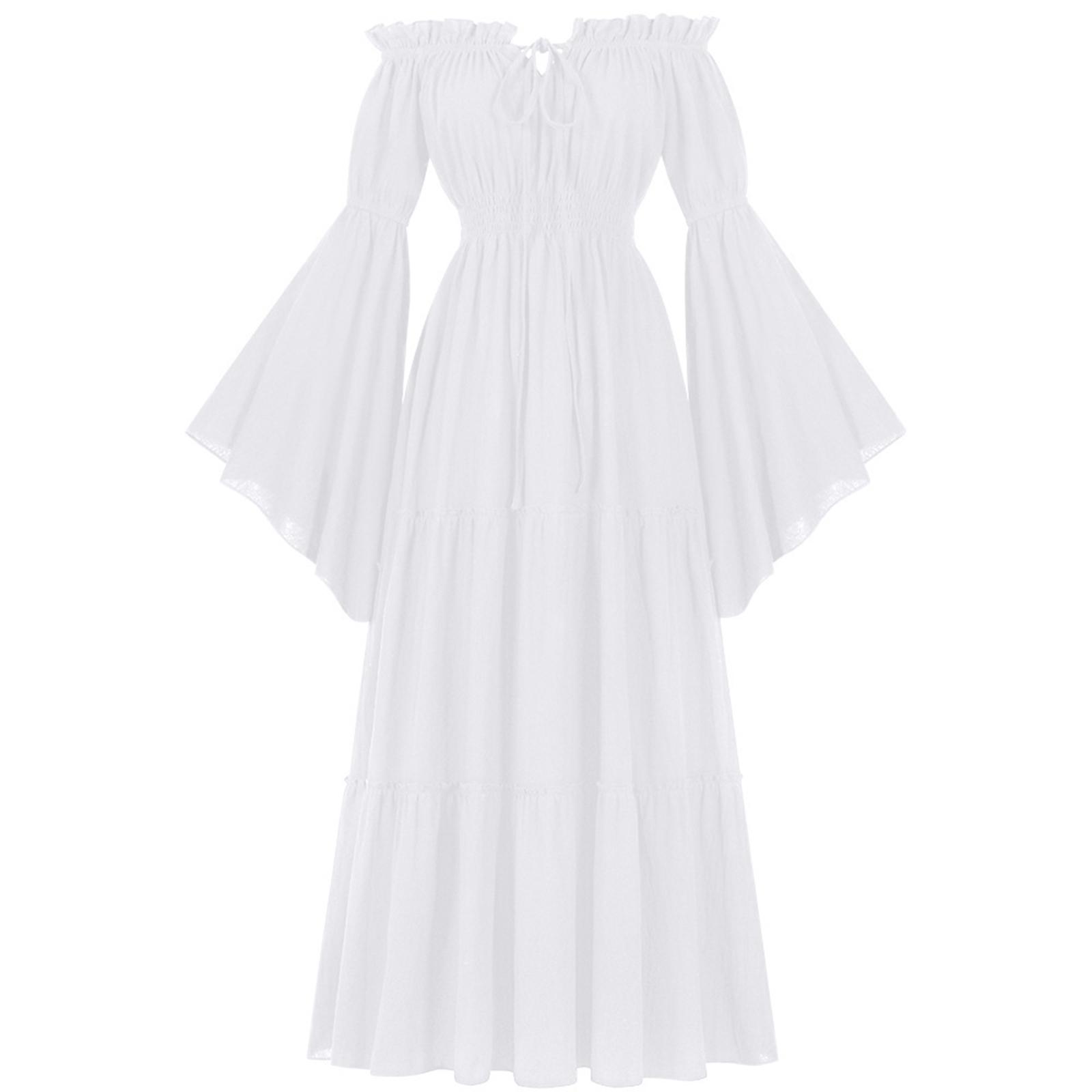 

Женское платье с открытыми плечами, колокольчик, однотонное, с длинным рукавом, эластичное, многоярусное, струящееся, длинные платья, костюм M белый