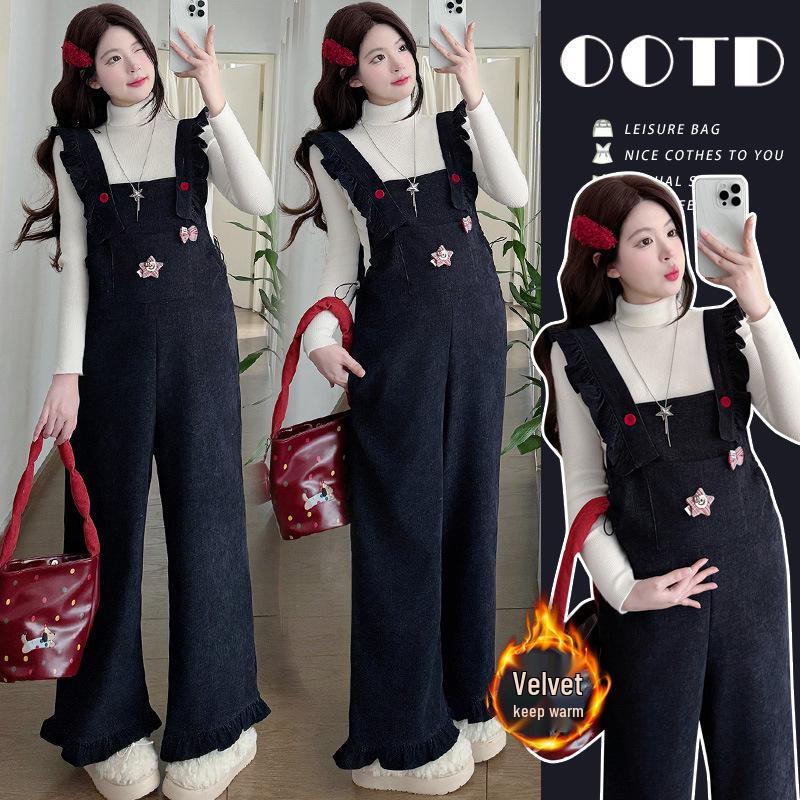 2025 Autumn/Winter High-Quality Knit Base Layer & Plus Velvet Maternity Overalls Set XL