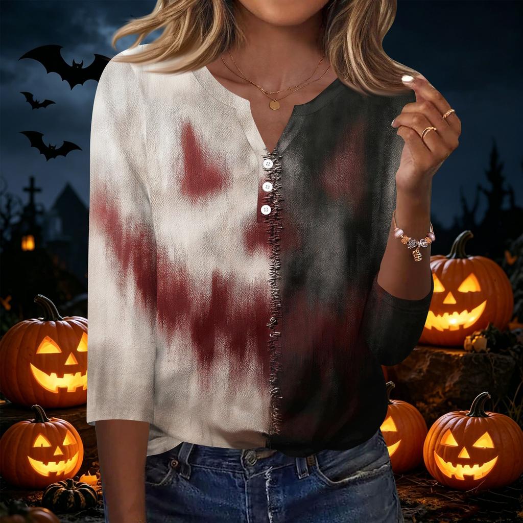 Women's Casual Halloween Print V Neck Button Three Quarter Sleeve T Shirt Top Lightweight Comfortable Fit Seasonal Graphic Tee