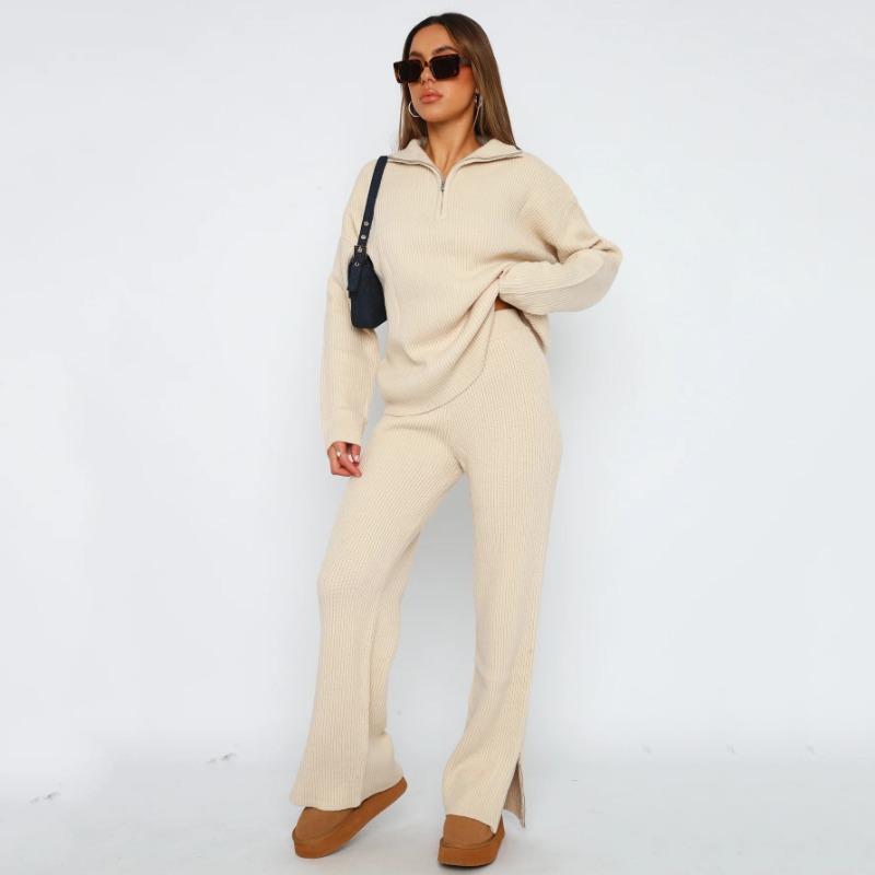 Mode Damen Strickhosenanzug Lässig Umlegekragen Halber Reißverschluss Lange Ärmel Locker Zweiteiliges Set Dame Herbst Winter Lässig Indoor-Sets