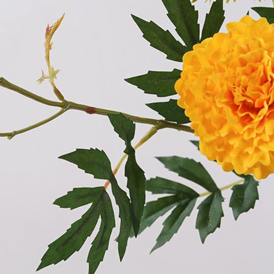 Artificial Marigold 3 Head UV Resistant Fake Silk Flower with Leaves Indoor Outdoor Garden Table Centerpiece Faux Bloom Decoration