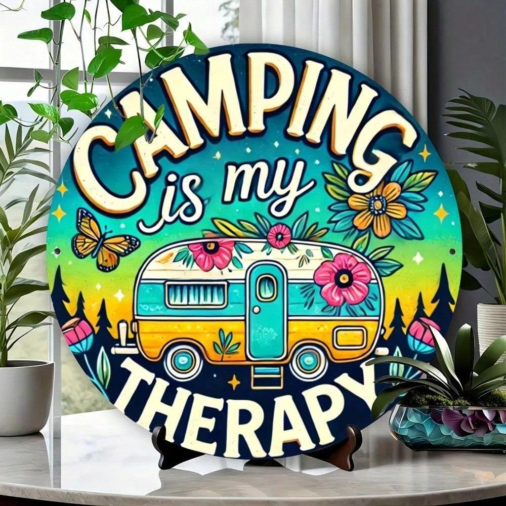 Vintage Camper Van Tin Sign, Round Retro Metal Wall Art, Camping Decor for Living Room, RV Garage, Man Cave, 7.8 Inch