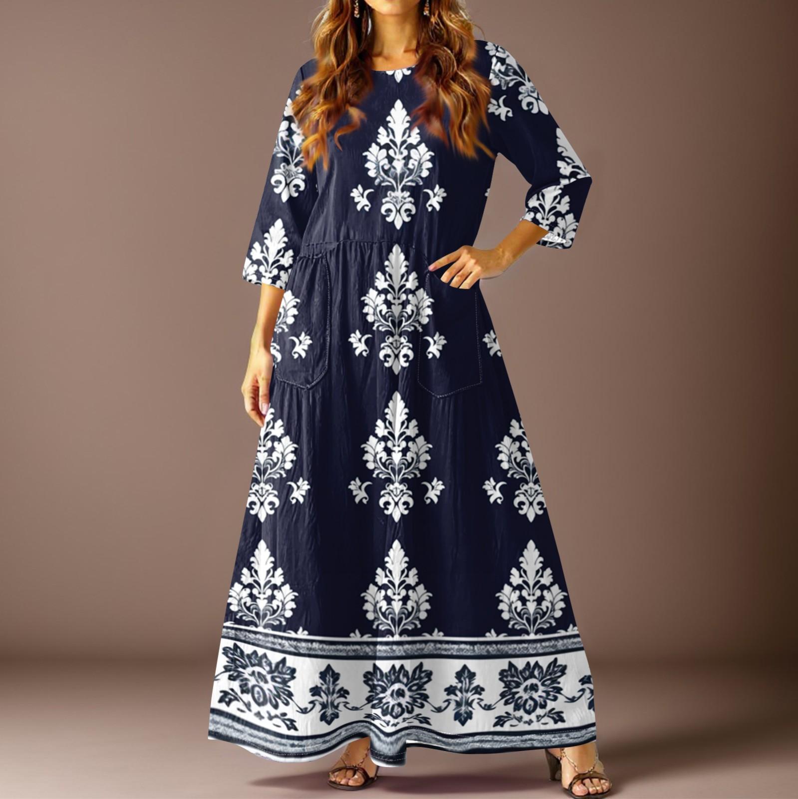 

Женское повседневное модное богемное платье с рукавом три четверти и карманами XL тёмно-синий