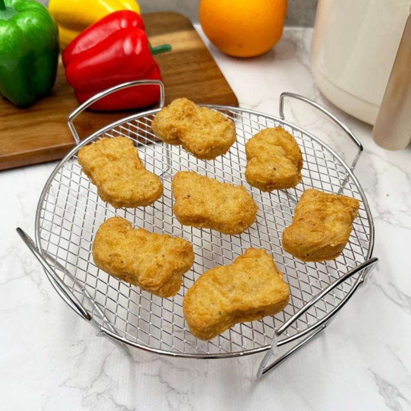 Stainless Steels Round Air Fryers Rack 20Cm Raised Mesh Wire Rack with Side Handle for Grilling, Reheating Food, Greases Draining, and Daily Kitchens