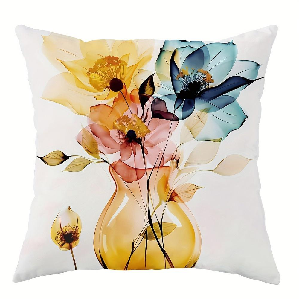 Spring Watercolor Yellow Blue Pink Flowers Pillowcasebedroom Sofa Decorative Cushion Cover With Zipper Soft Cushion Cover