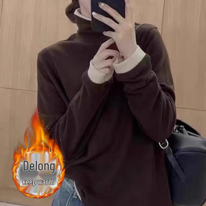 Slimming Long-Sleeve Velvet High-Neck Shirt for Women with Skin-Brightening Design