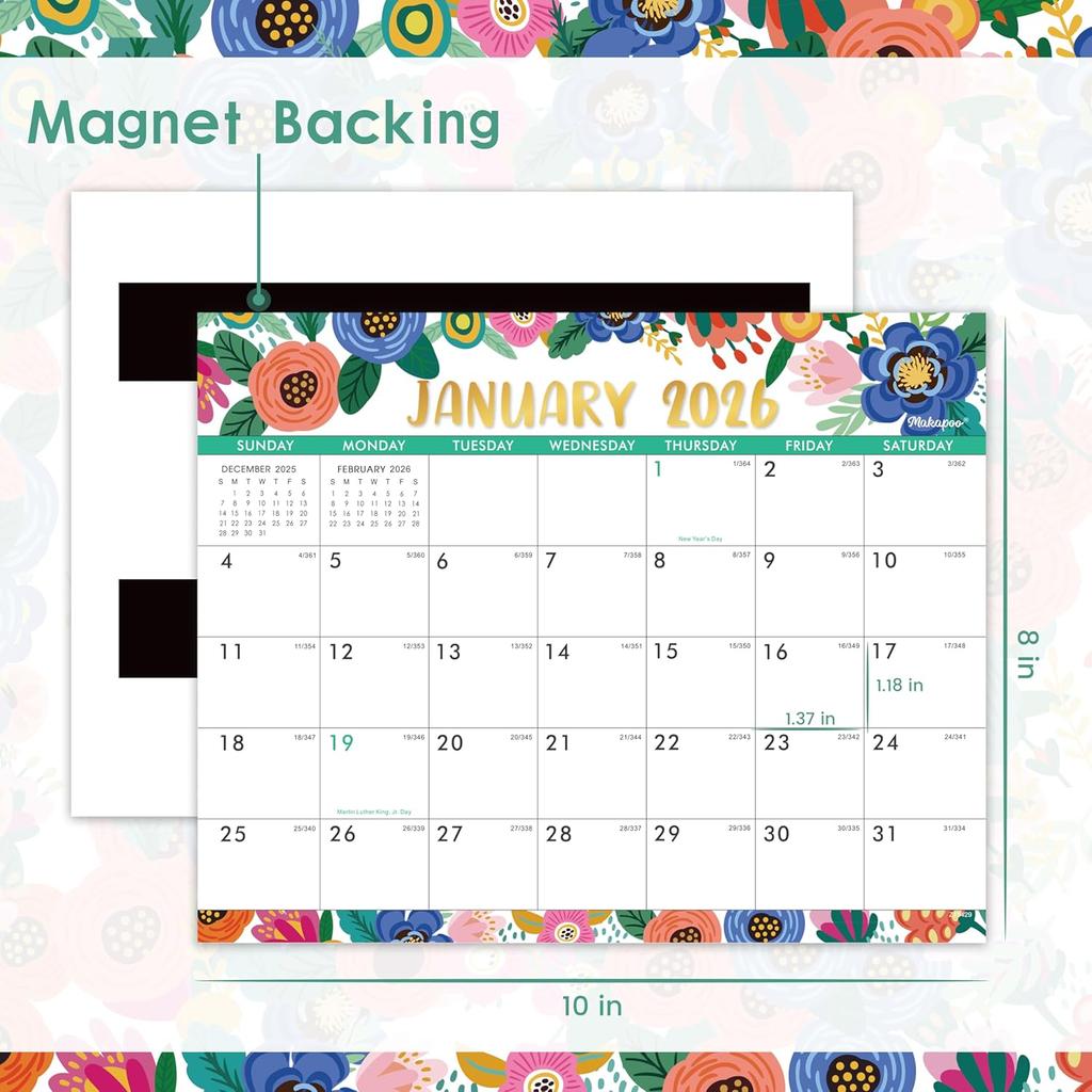 Magnetic Calendar for Fridge - Magnetic Calendar 2026, Jan.2026 - Dec.2026, 8" × 10", 2026 Calendar, Tear-off Pad, Blocks with Julian Dates - Floral