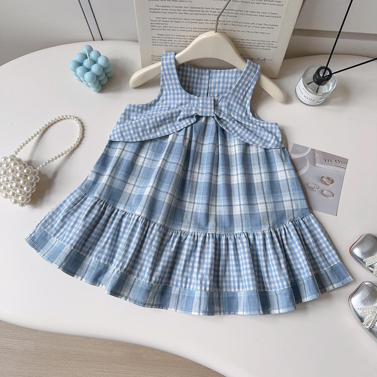 Girls Korean Academy Style Plaid Bow Suspender Dress for Summer (BXC031) 110