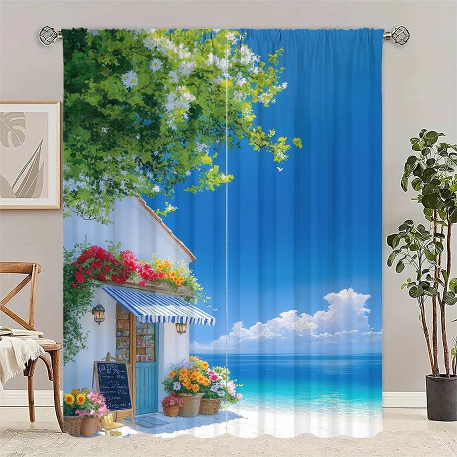 2pcs- Sea-view Room Landscape Printed Curtains   Pole Bag Curtains   Christmas Decorations   Home Decorations   Room Decorations