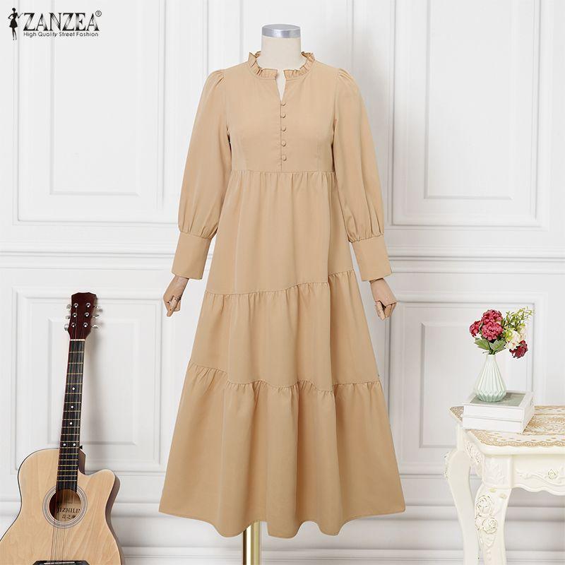 ZANZEA Women Casual V-Neck Solid Color Long Sleeve Loose Long Dress