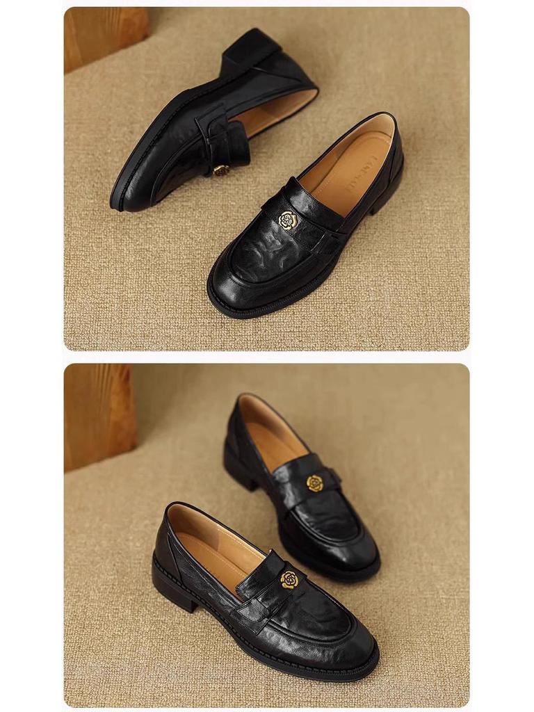 Women's French Retro Leather Camellia Loafers - Round Toe, Chunky Heel, Slip-on