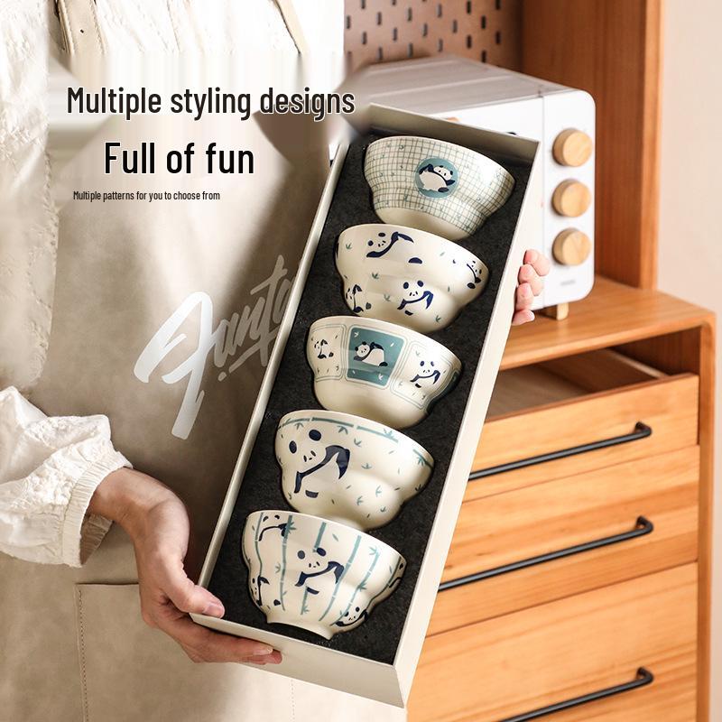 Panda Ceramic Rice Bowl Set 2024 - Japanese High-Foot Bowls with Underglaze Color, Cute Design, Perfect Gift Box