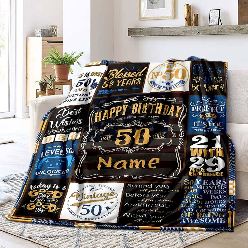 Happy 50Th Birthday Blue Customize Your Name Blanket Warm Comfortable Soft Blanket For Chair Office Sofa Bed Sofa Office Camping Suitable For Gifting