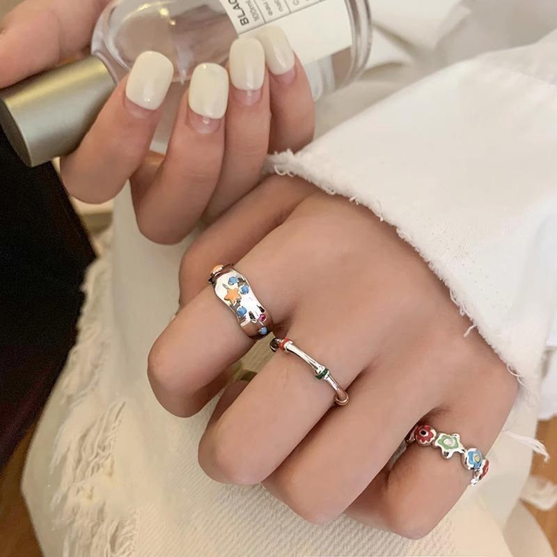Style Contemporary Ins Adjustable Ring For Women With Colorful Flower And Motif Star