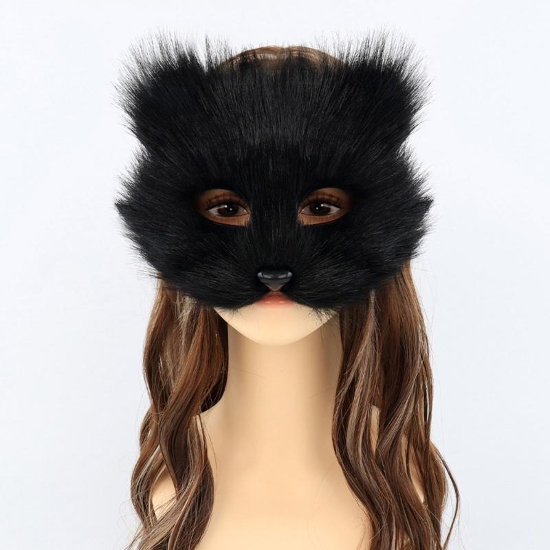 Plush Animal Cats Face Mask Furry Animal Half Face Mask for Men Women Masquerade Halloween Cosplay Costume Accessory