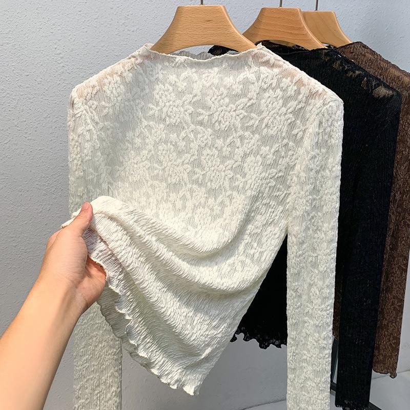 

Женская базовая рубашка с полувысоким воротником, Новая женская одежда, Сексуальная вязаная крючком ажурная рубашка, Темпераментный топ с талией 3XL