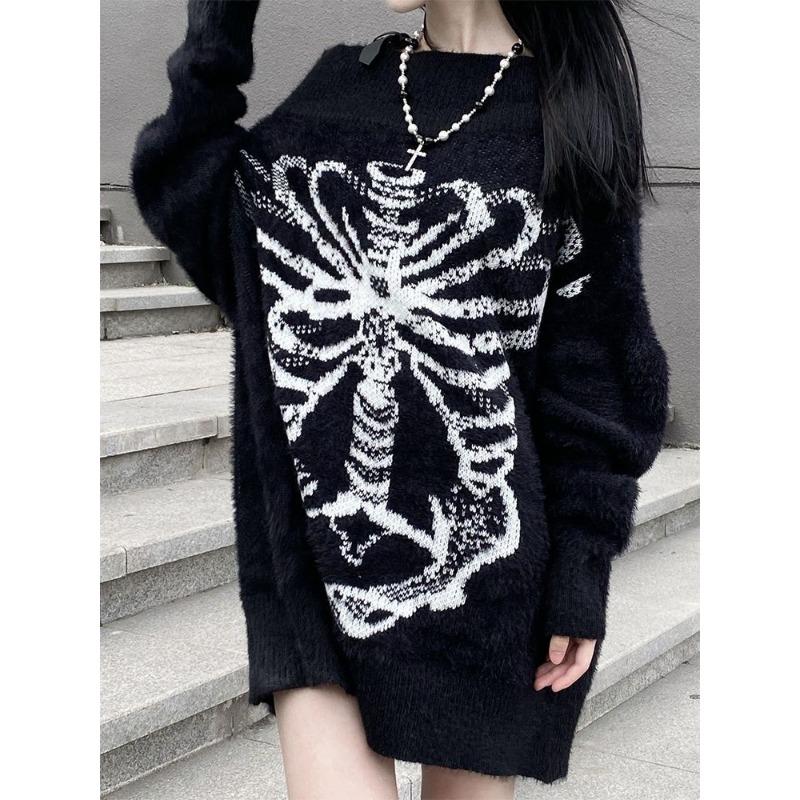 

Готический череп с принтом Harajuku свитер топы эстетичный женский черный пуловер Harajuku мода уличная одежда топы S