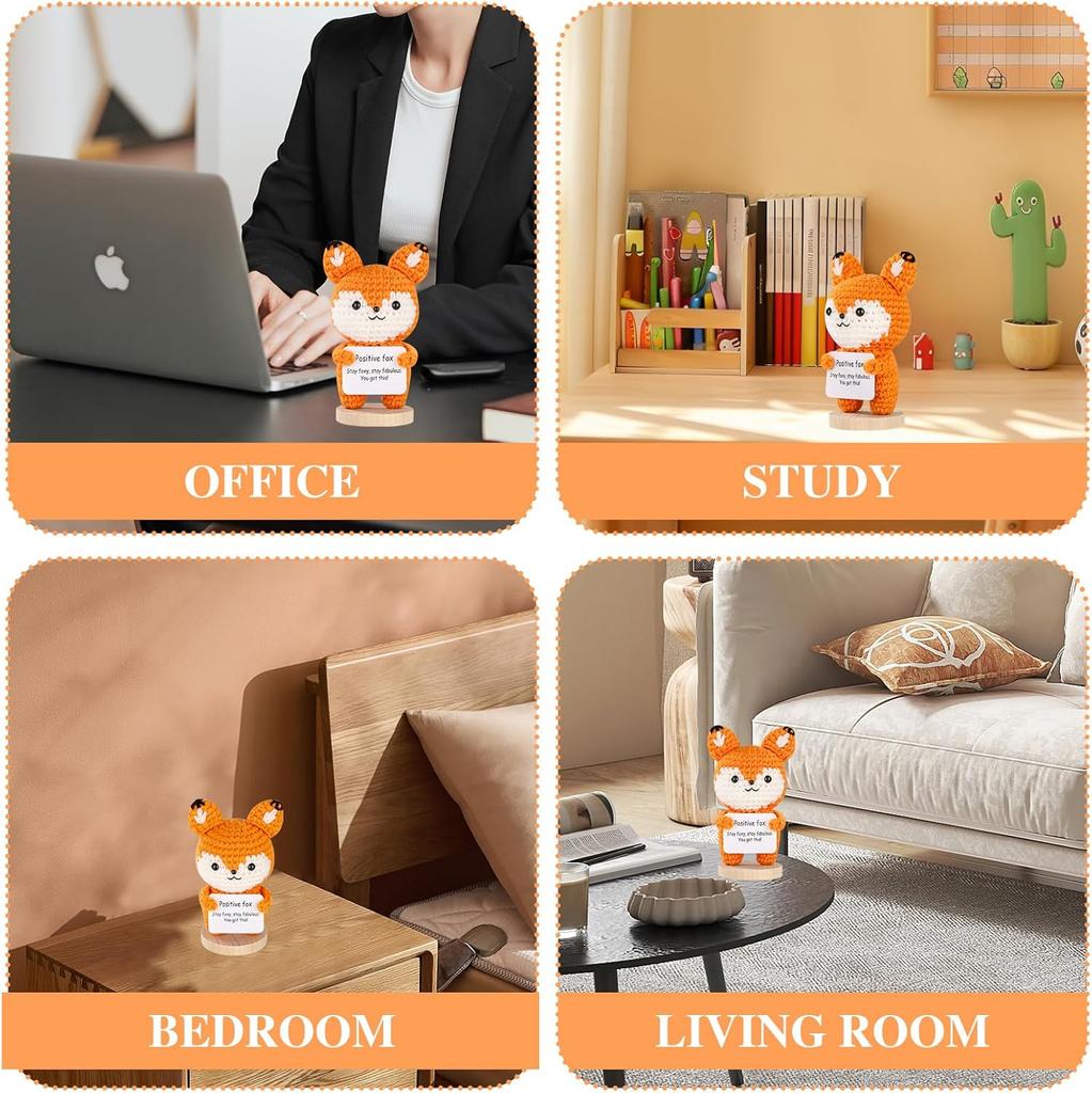 Funny Crochet Fox Animal Doll With Positive Card Ornament Handmade Knitted Fox Desktop Figurine Creative Crochet Christmas Gift