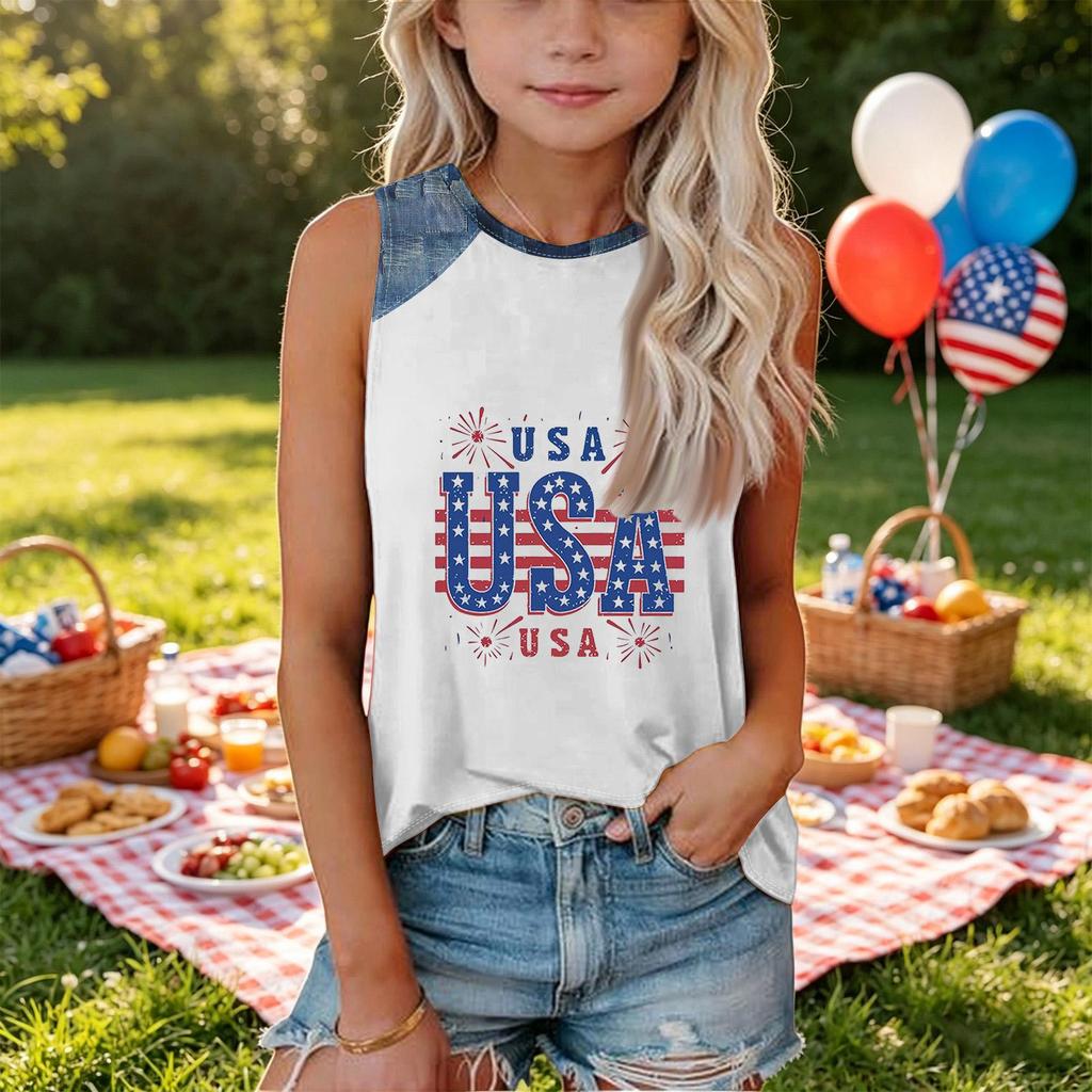 Girls Sleeveless Loose Fit Tank Top Independence Day Firework Print Round Neck Denim Patchwork T Shirt Summer Casual Tee
