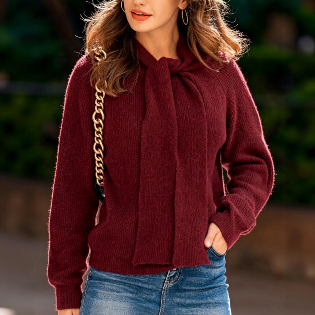 Women's Tie Front Knit Pullover Sweater Long Sleeve Color Versatile Casual Top