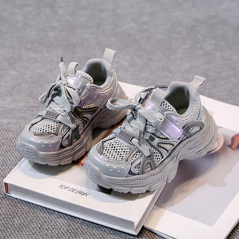 Boys Running Shoes Mesh Breathable Girls Sneakers Thick Soft Sole Comfort 2025 New Children Sports Shoes Hook&loop Non-slip