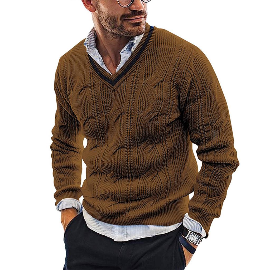 Męski modny sweter z dzianiny z dekoltem w serek, dopasowany krój, długi rękaw