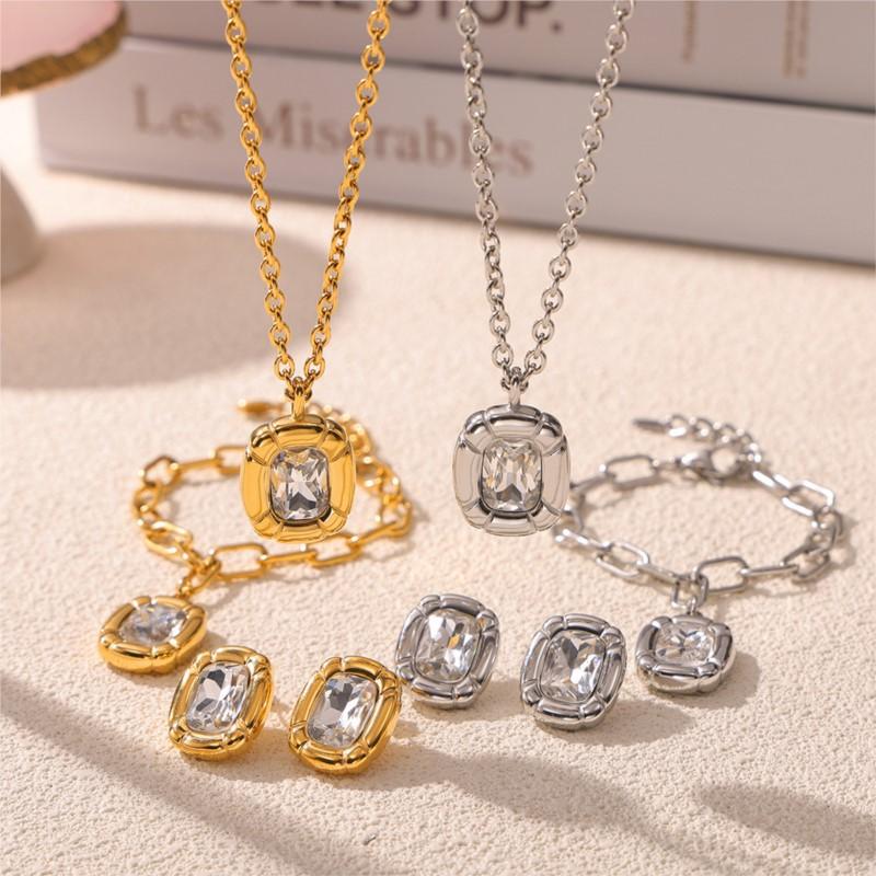 Shiny Glass Stone Pendant Necklace Bracelet Earrings For Women Stainless Steel Gold Plated Women's Long Necklaces Jewelry Set
