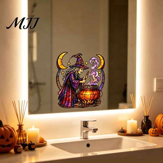 Spooky Home Window Ornaments Halloween Witch And Medicine Cauldron Sticker, Stained Glass Effect PVC Decal Removable Party Supplies for Doors