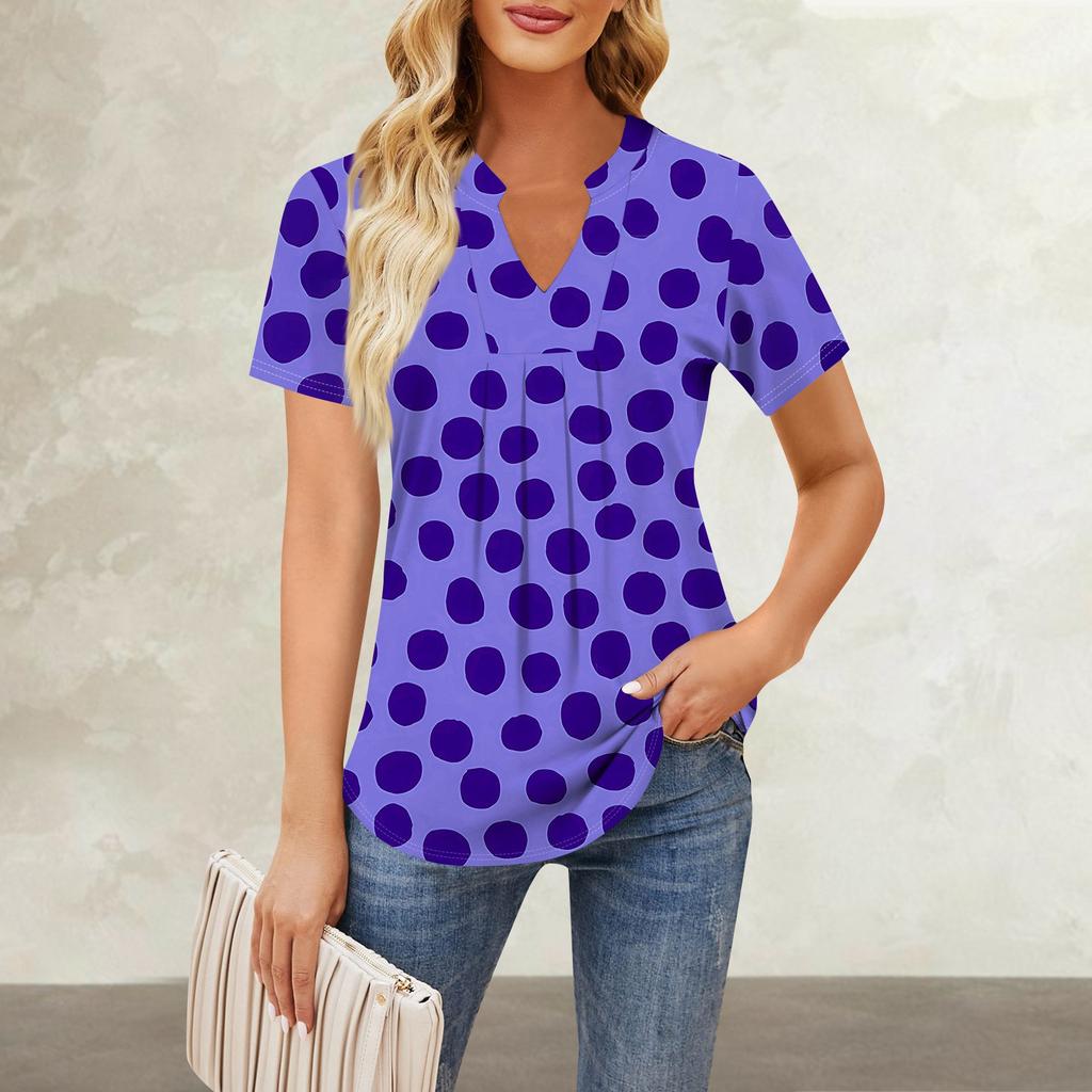 Women's Short Sleeve Casual V-neck Chest Pleated Printed Loose T-shirt Top