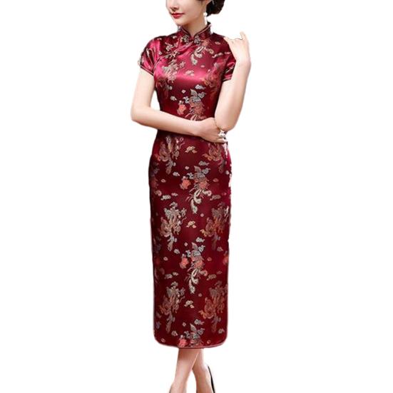 Stil Broderie Florală Guler Stand Mâneci scurte Latura înaltă Despicată Nod chinezesc Nasturi Cheongsam Satin Mătăsos Subțire