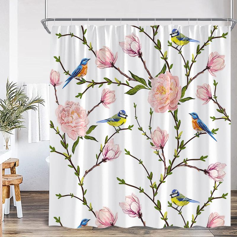 Colorful Bird Shower Curtain Green Leaves Birds On Tree Branch Bathroom Decorative Polyester Fabric Bath Curtains Set With Hooks