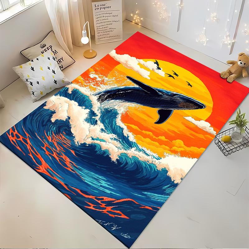 Whale Jumping in Sunset Ocean Art Non-slip rug suitable for living room and bedroom sofas