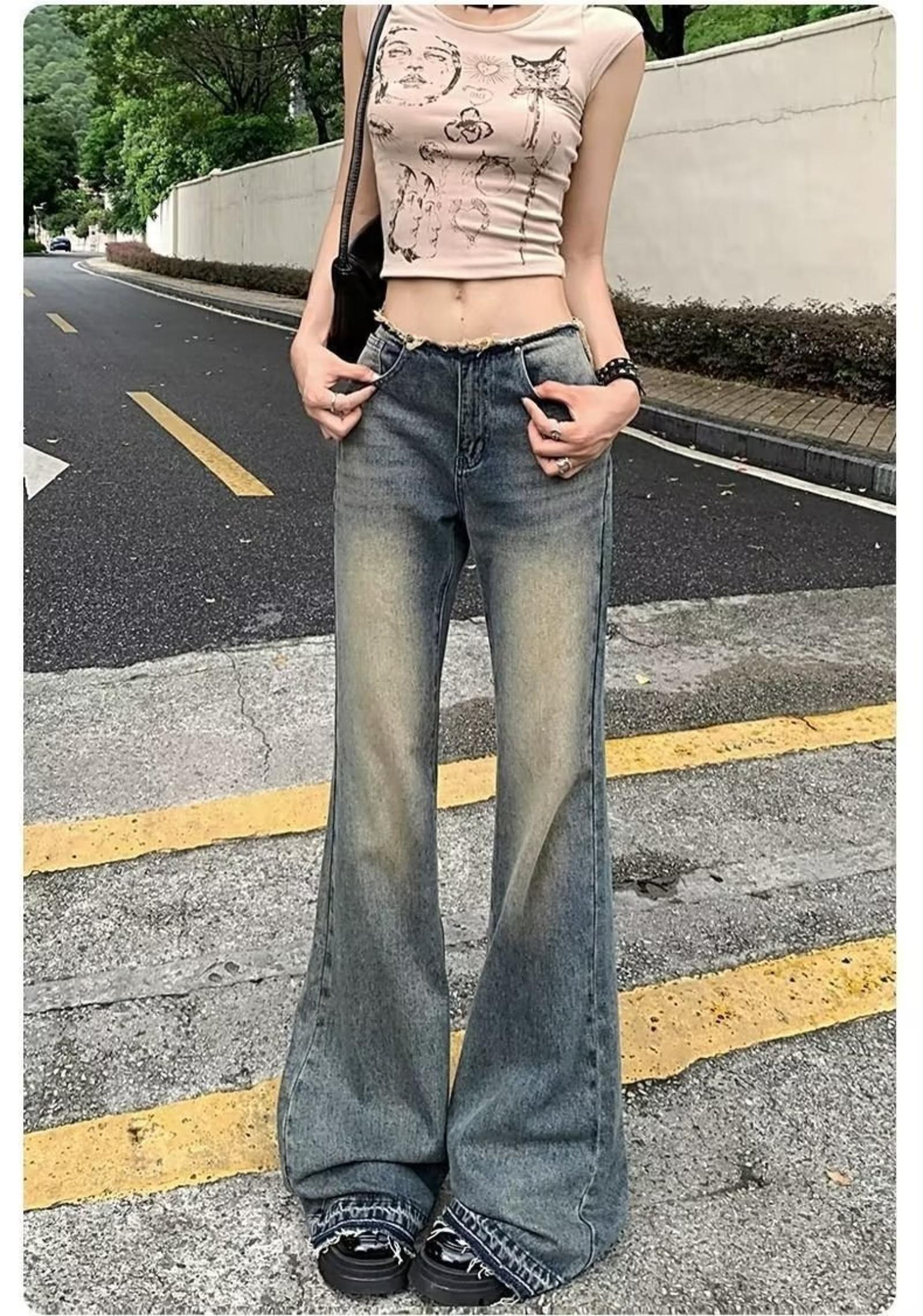 

Frayed-edge Loose-fit Floor-length Wide-leg Flared Trousers -inspired Sultry Girl Slightly Flared Washed Denim Jeans For Women L синий