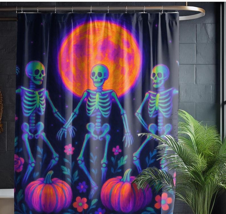 Skeleton Halloween Shower Curtain with Harvest Moon Floral Pattern, Neon Spooky Bathroom Decor for Cottagecore Style