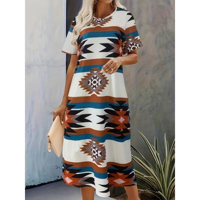 Geo Print Crew Neck Dress, Casual Short Sleeve Dress For Spring & Summer, Women's Clothing