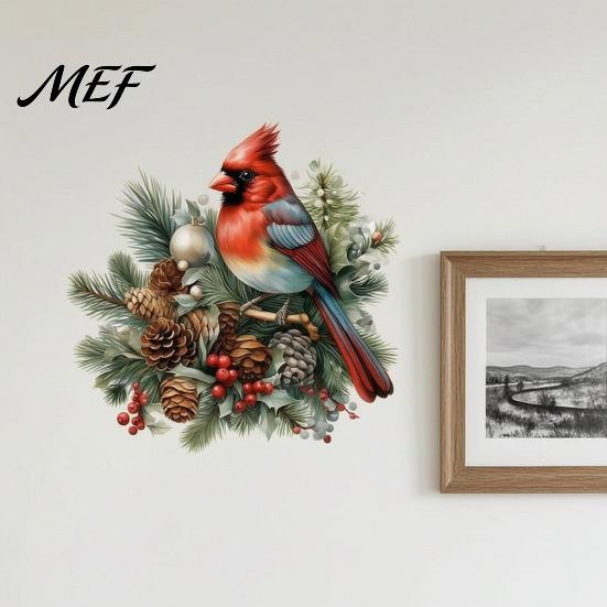Peel And Sticker Wall Art Decor Christmas Bird Sticker, Decorative PVC Decal with Pine Branch Cone Retro Winter Home Red Berry, Waterproof for Holiday
