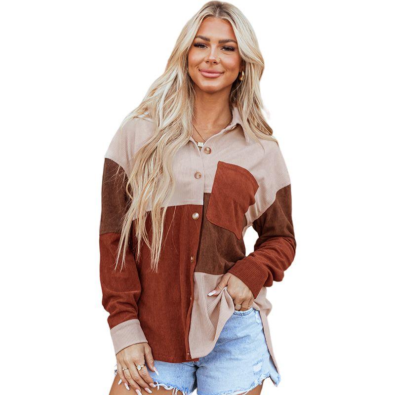 

Winter New Design Color Matching Shirt Style Outerwear Women 2025 European and American Fashion Corduroy Single Breasted Top Women Brown Size L fit (62.50 kg-70.00 kg