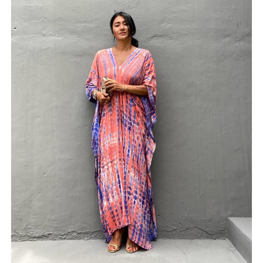 Women's Tie Dye Beach Cover Up Loose Flowy Long Dress, Open Front Swimwear Kaftan Robe 0991 CLE