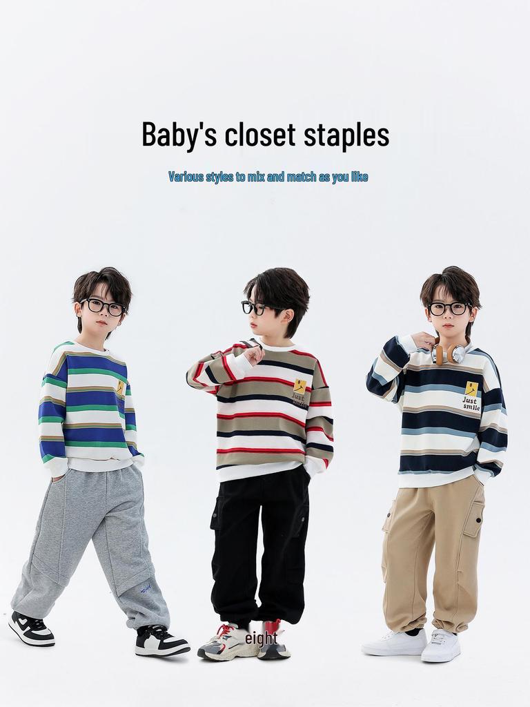Boys' Fleece-Lined Striped Crewneck Hoodie - 2025 Autumn/Winter, Thick Long-Sleeve, Fashionable for Older Children