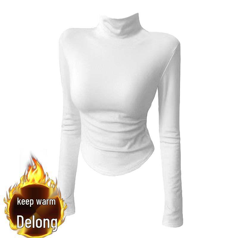 

Women s Chic Pleated Curved Hem Fleece Base Layer Top, Autumn/Winter, Half High Neck, Long Sleeve, Solid Color. Extra Large
